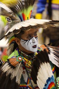Gathering of Nations Pow Wow - Dancer with Feather Visor and Feather Epaulettes