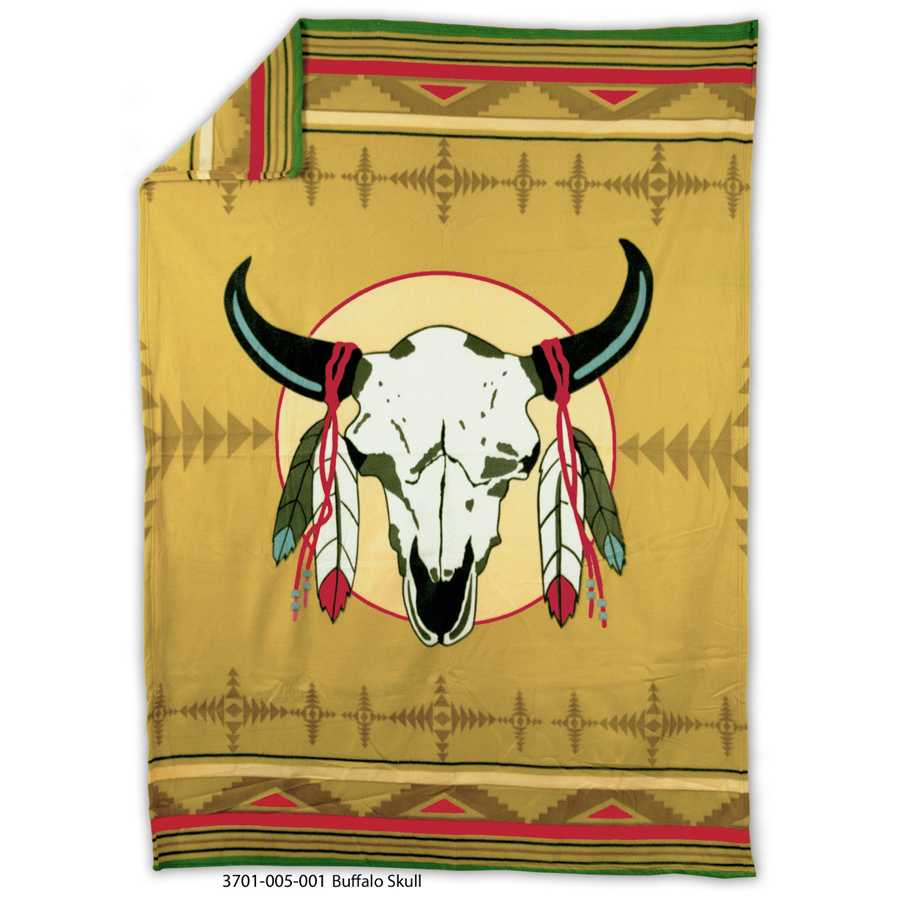 Crazy Crow Trading Post Native American Design Fleece Blankets Buffalo Skull by Missouri River