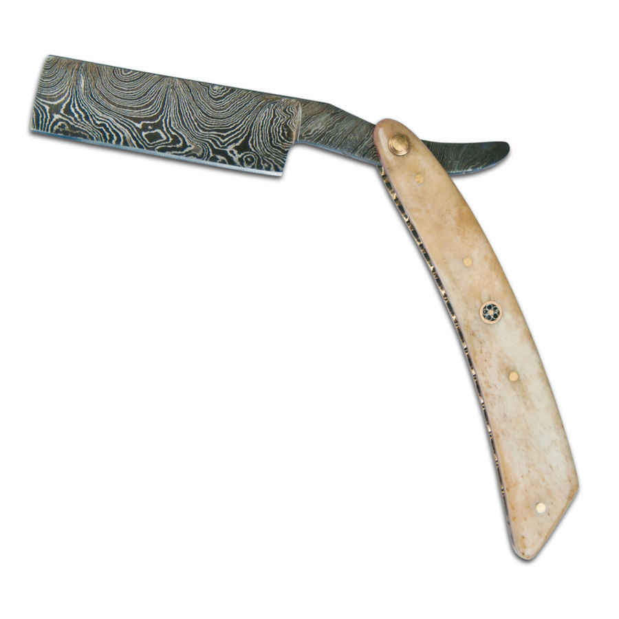 Crazy Crow Trading Post Damascus Steel Straight Razor Bone Handle, 9"