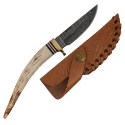 8" Damascus Steel Buck Spike Knife w/Sheath & Stag Handle