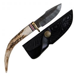 8" Damascus Steel Wide Blade Knife w/Sheath & Stag Handle