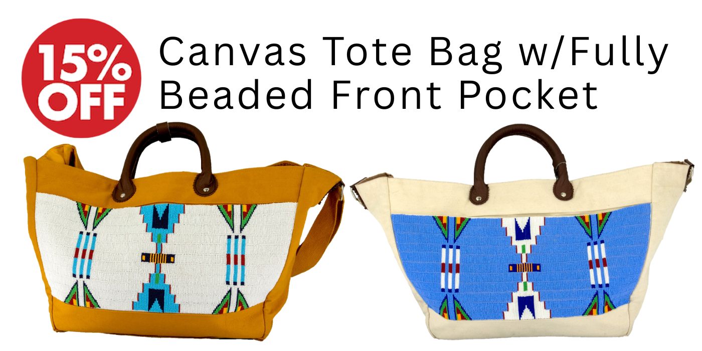 Canvas Tote Bag with Fully Beaded Front Pocket - Crazy Crow Trading Post