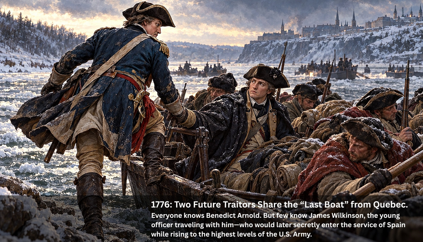 James Wilkinson: America’s Forgotten Traitor boards the last boat out in the 1776 retreat from Quebec with Benedict Arnold. James Wilkinson: America’s Forgotten Traitor boards the last boat out in the 1776 retreat from Quebec with Benedict Arnold.